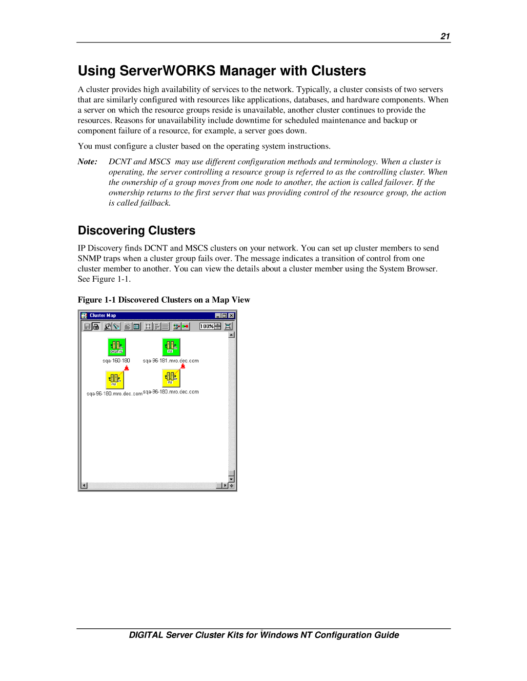 Compaq DIGITAL Server Cluster Kits for Windows NT manual Using ServerWORKS Manager with Clusters, Discovering Clusters 