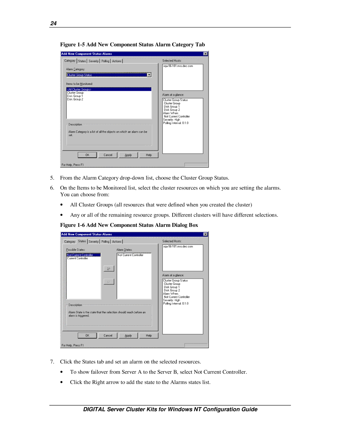 Compaq DIGITAL Server Cluster Kits for Windows NT manual Add New Component Status Alarm Category Tab 