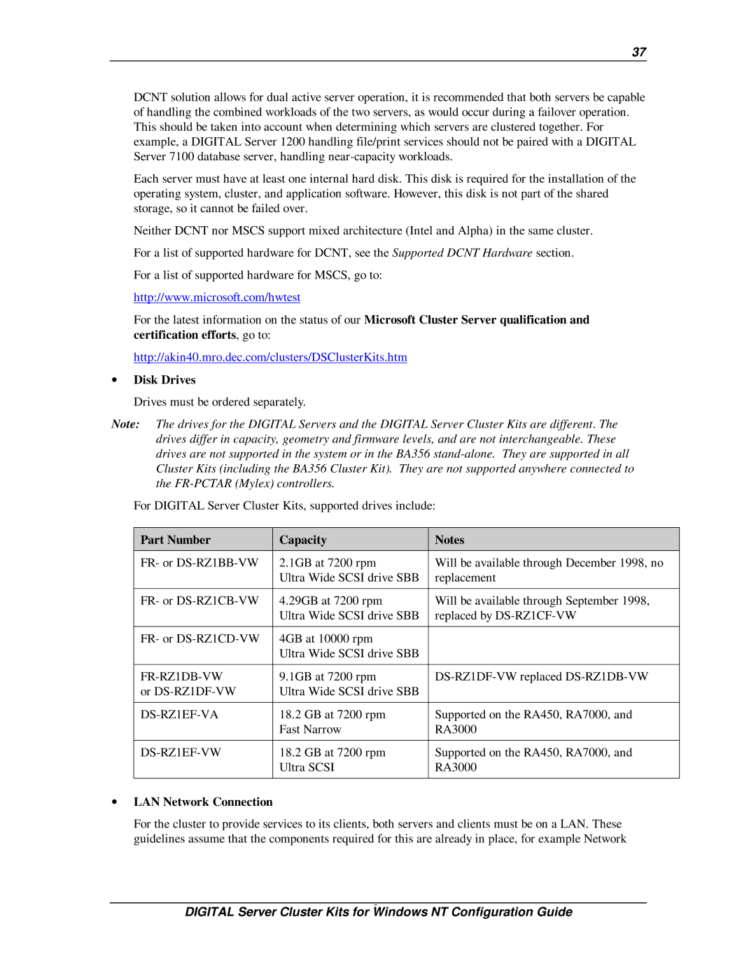 Compaq DIGITAL Server Cluster Kits for Windows NT manual ∙ Disk Drives, Part Number Capacity, ∙ LAN Network Connection 