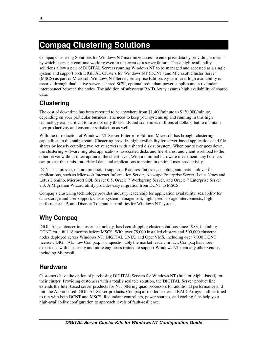 Compaq DIGITAL Server Cluster Kits for Windows NT manual Compaq Clustering Solutions, Why Compaq, Hardware 