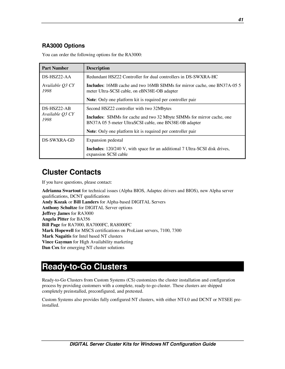 Compaq DIGITAL Server Cluster Kits for Windows NT manual Ready-to-Go Clusters, Cluster Contacts, RA3000 Options 