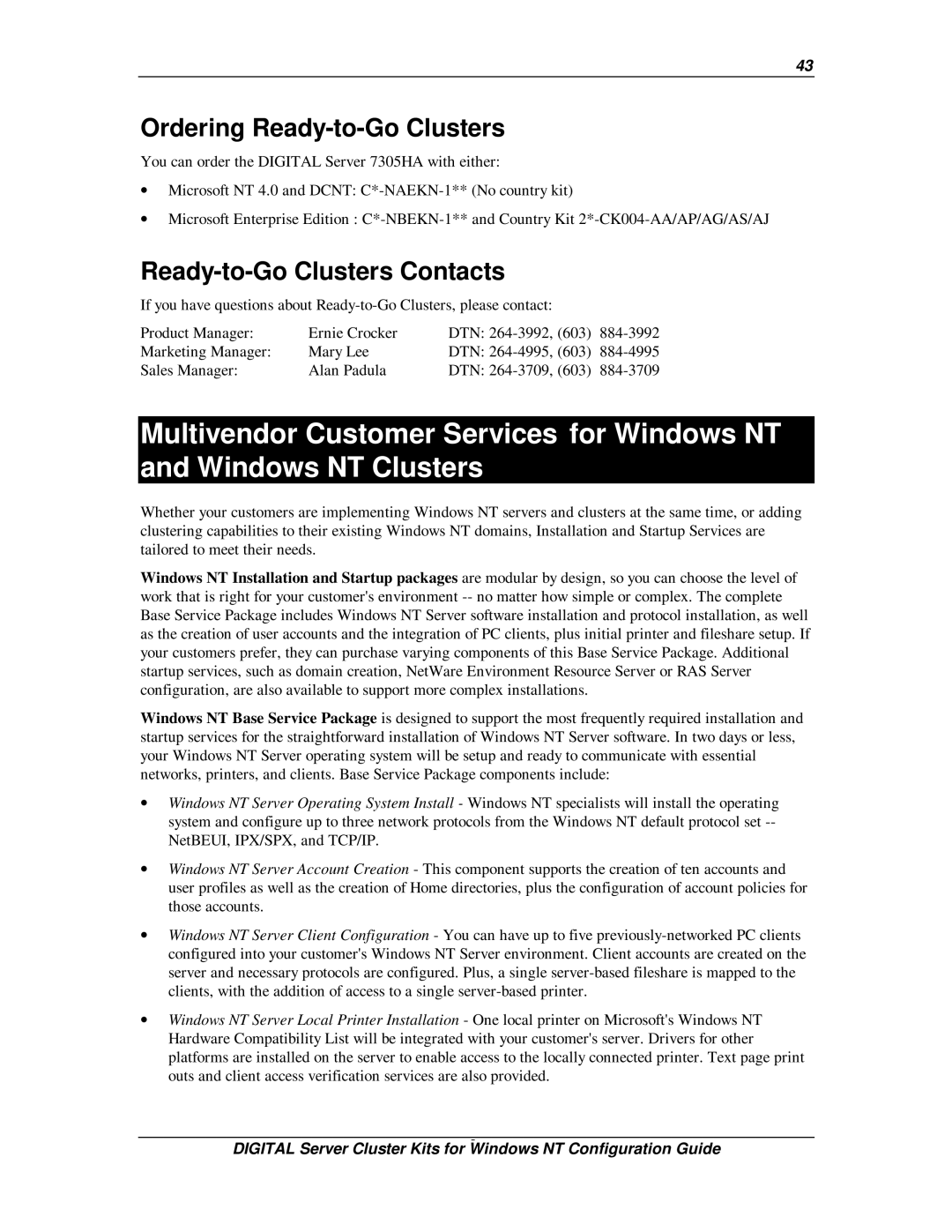 Compaq DIGITAL Server Cluster Kits for Windows NT manual Ordering Ready-to-Go Clusters, Ready-to-Go Clusters Contacts 