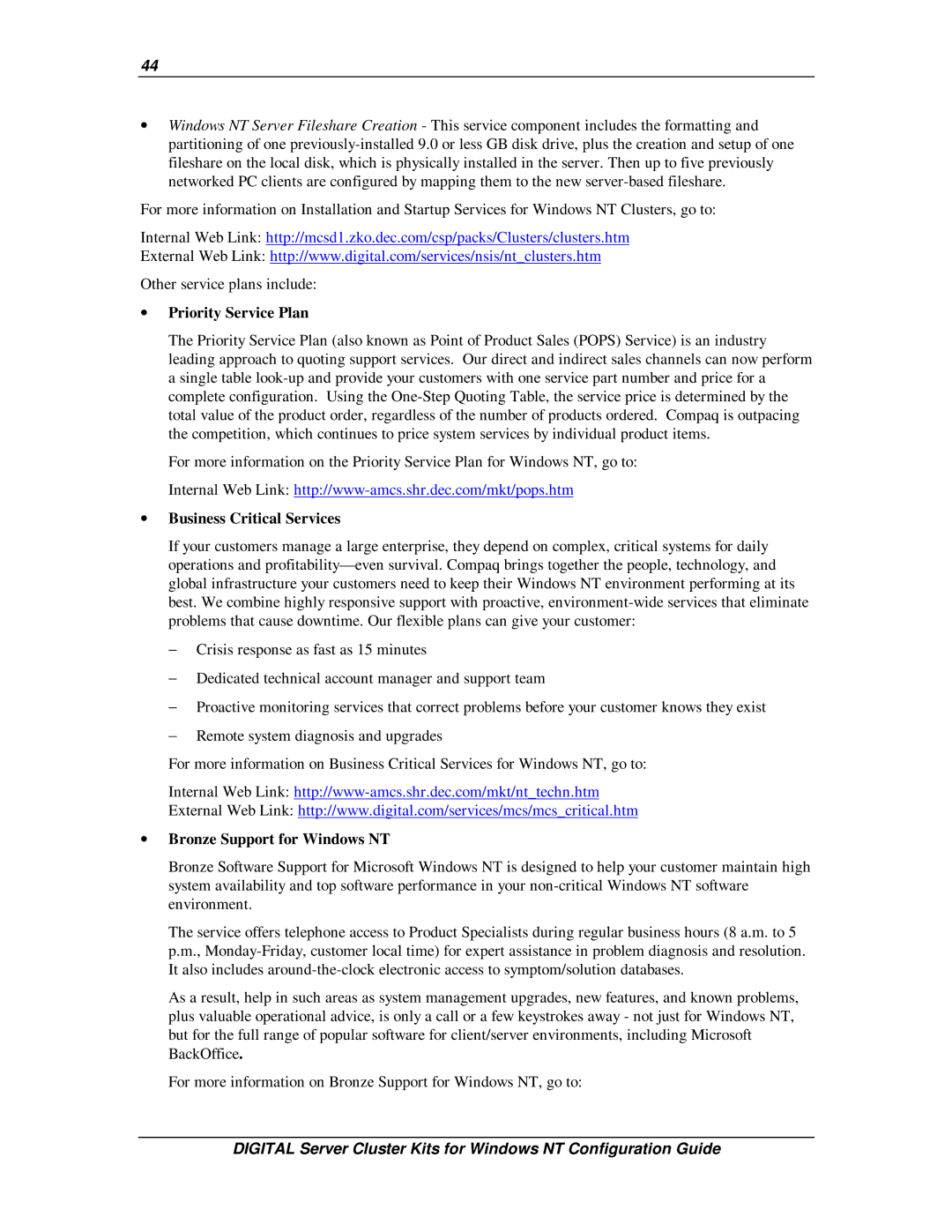 Compaq DIGITAL Server Cluster Kits for Windows NT manual ∙ Priority Service Plan, ∙ Business Critical Services 