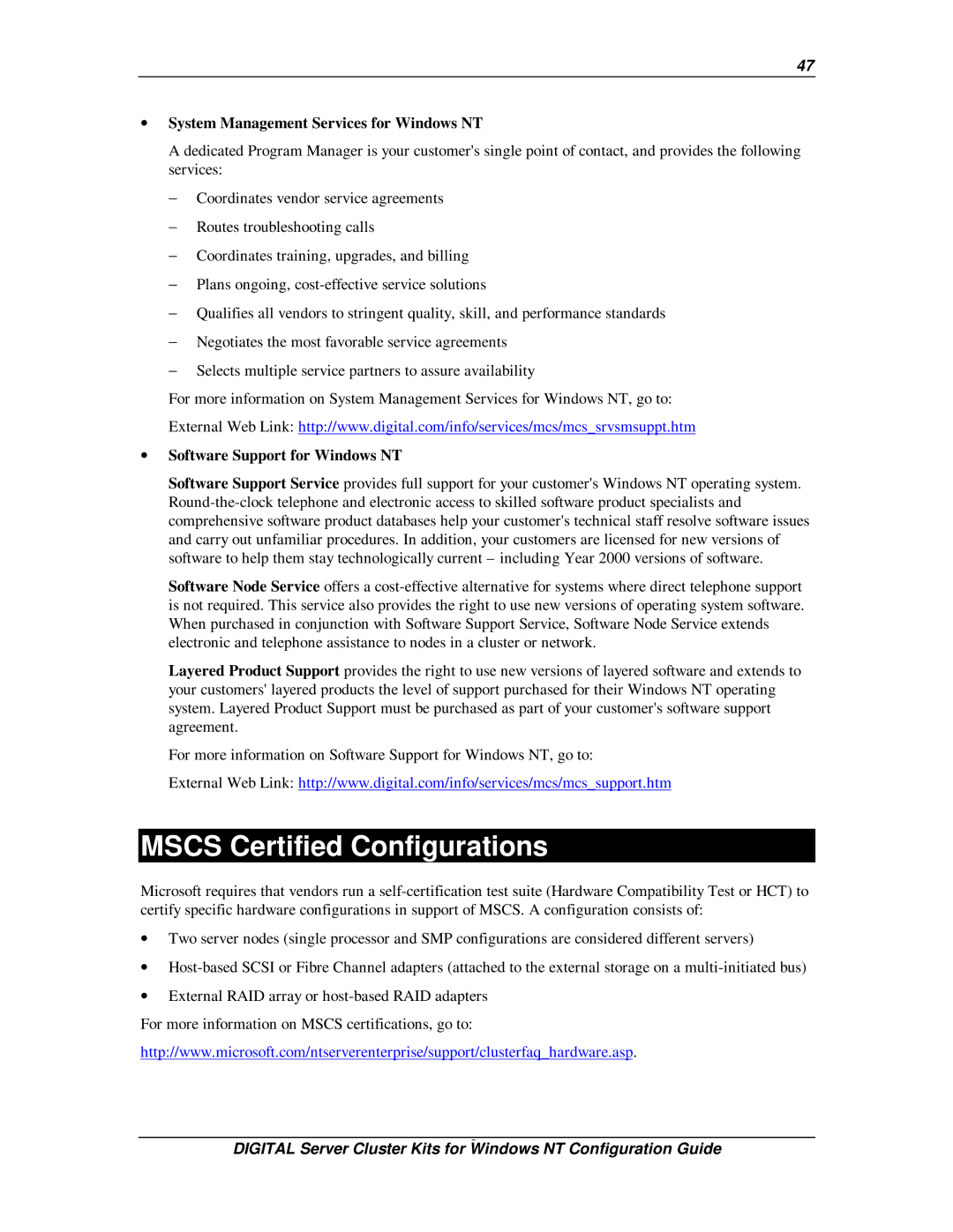 Compaq DIGITAL Server Cluster Kits for Windows NT manual Mscs Certified Configurations, ∙ Software Support for Windows NT 