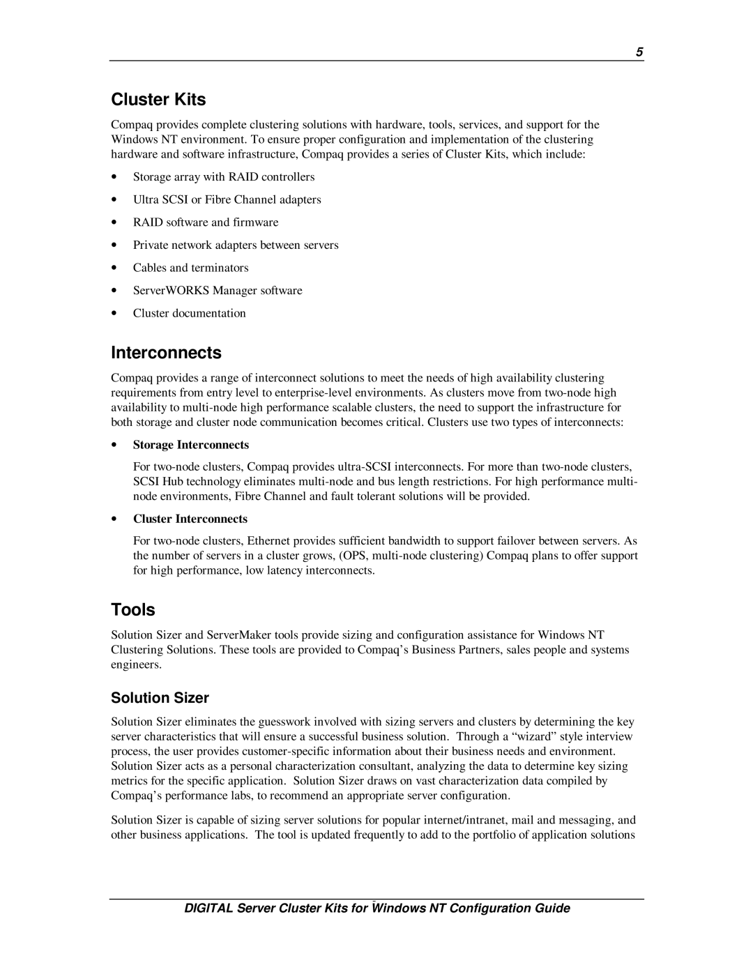 Compaq DIGITAL Server Cluster Kits for Windows NT manual Interconnects, Tools, Solution Sizer 