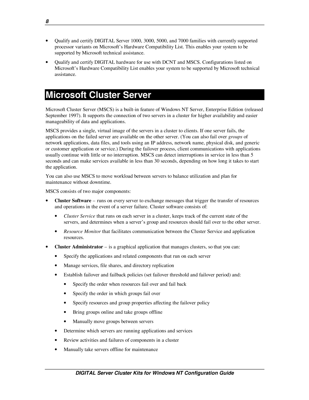 Compaq DIGITAL Server Cluster Kits for Windows NT manual Microsoft Cluster Server 