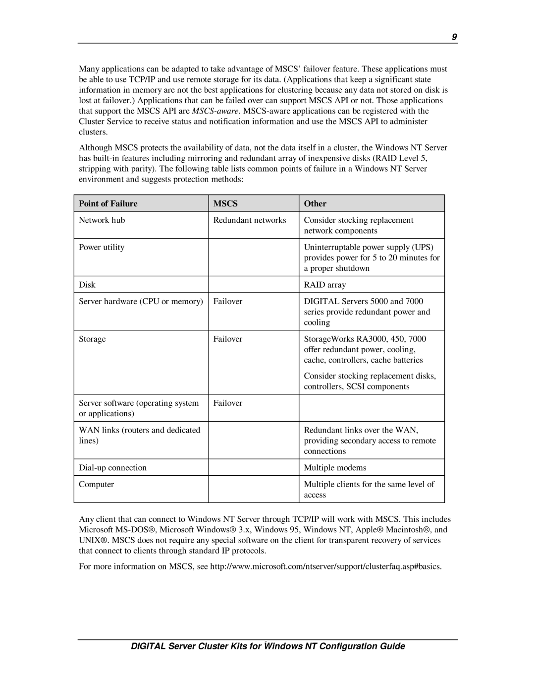 Compaq DIGITAL Server Cluster Kits for Windows NT manual Point of Failure, Other 