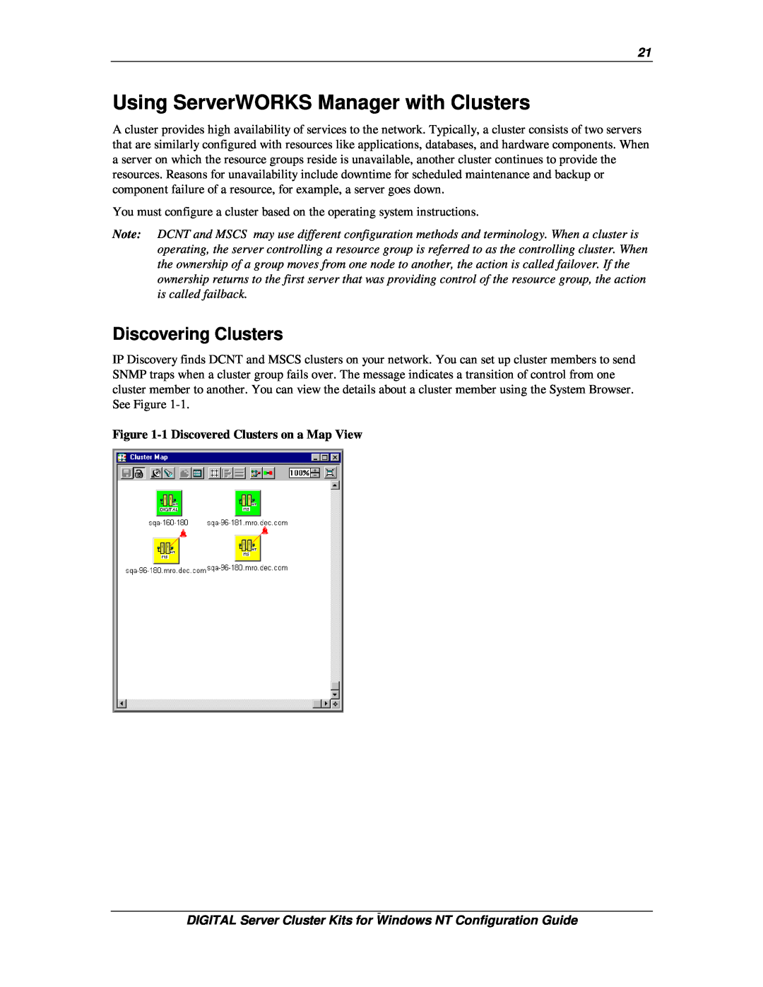 Compaq DIGITAL Server Cluster Kits for Windows NT manual Using ServerWORKS Manager with Clusters, Discovering Clusters 