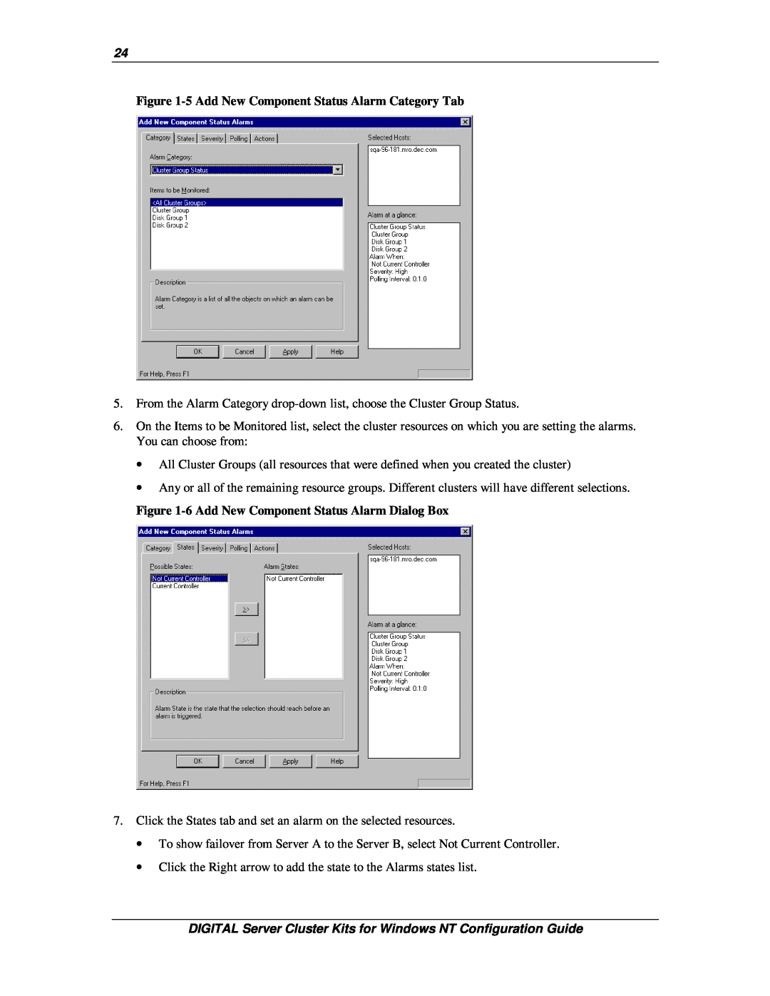Compaq DIGITAL Server Cluster Kits for Windows NT manual 5 Add New Component Status Alarm Category Tab 