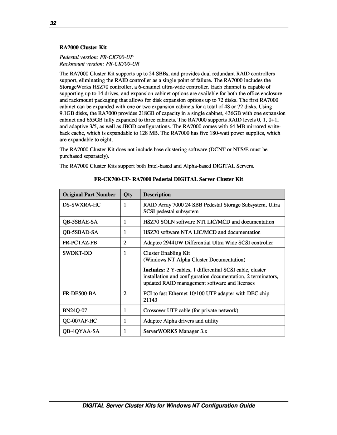 Compaq DIGITAL Server Cluster Kits for Windows NT manual RA7000 Cluster Kit, Original Part Number, Description 