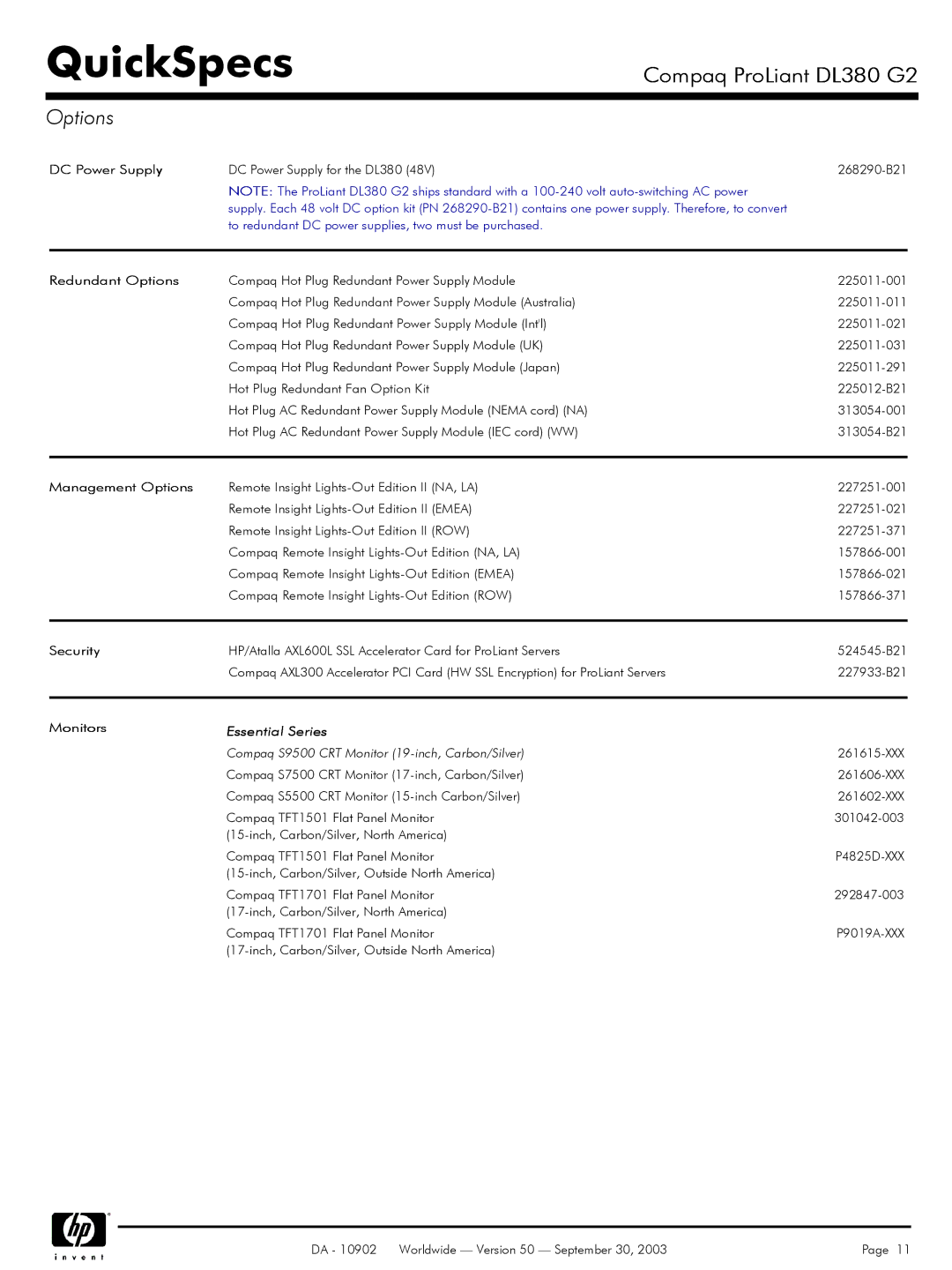 Compaq DL380 G2 warranty DC Power Supply, Redundant Options, Management Options, Monitors, Essential Series 