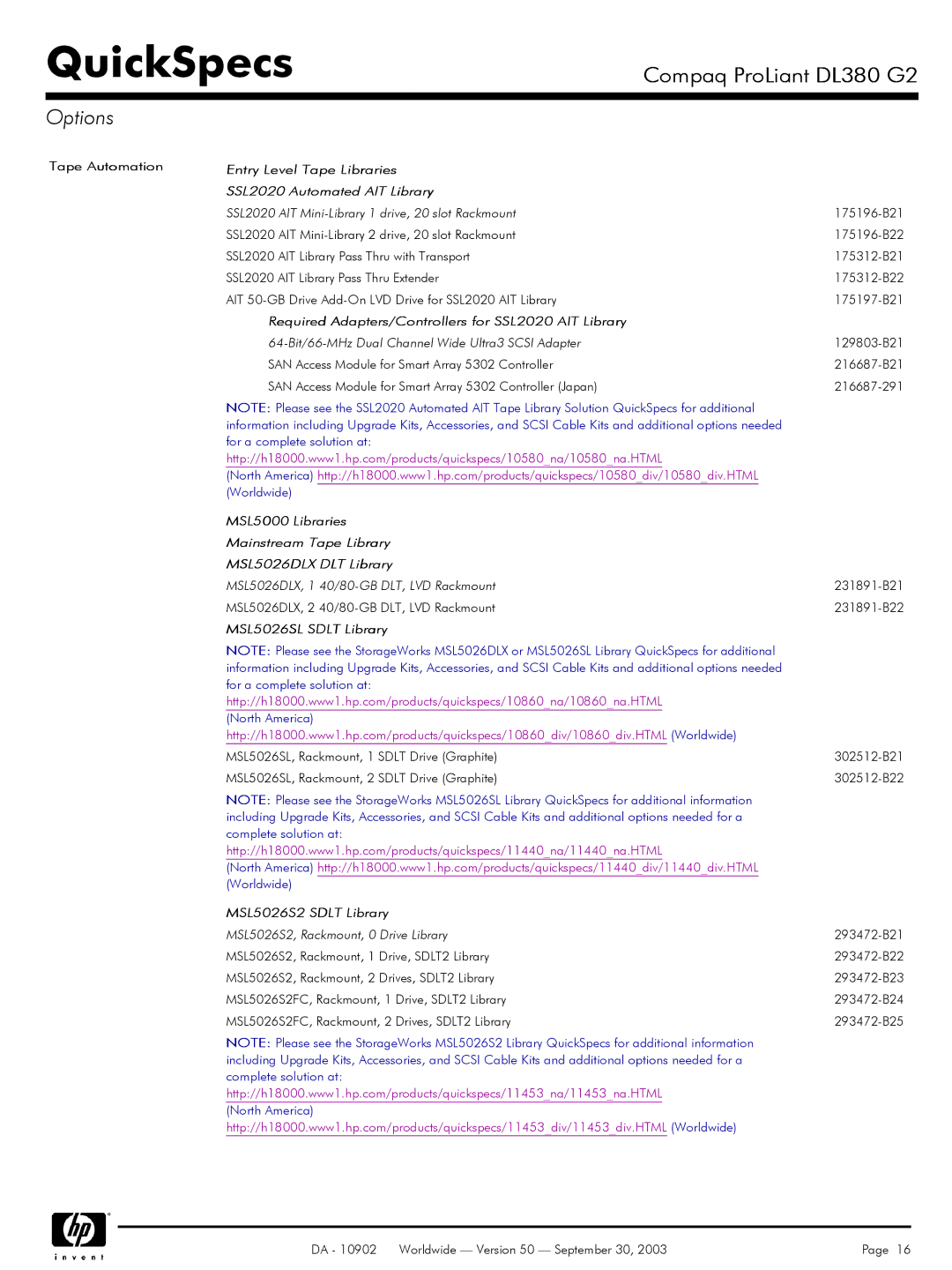 Compaq DL380 G2 warranty Tape Automation, Entry Level Tape Libraries SSL2020 Automated AIT Library, MSL5026SL Sdlt Library 