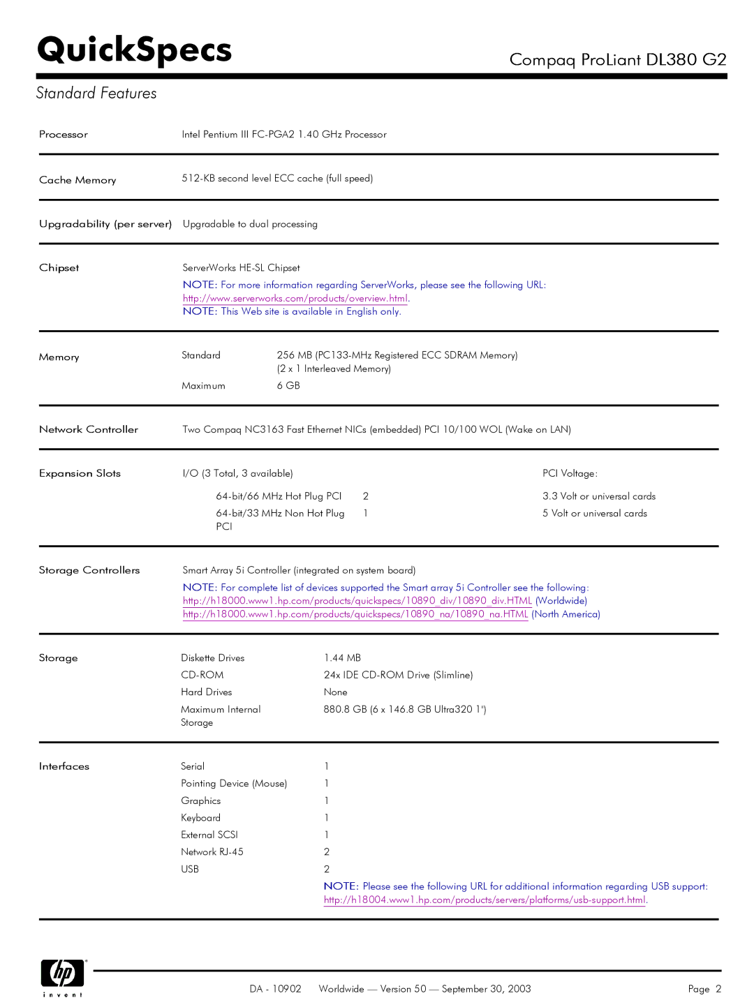 Compaq DL380 G2 warranty Standard Features 