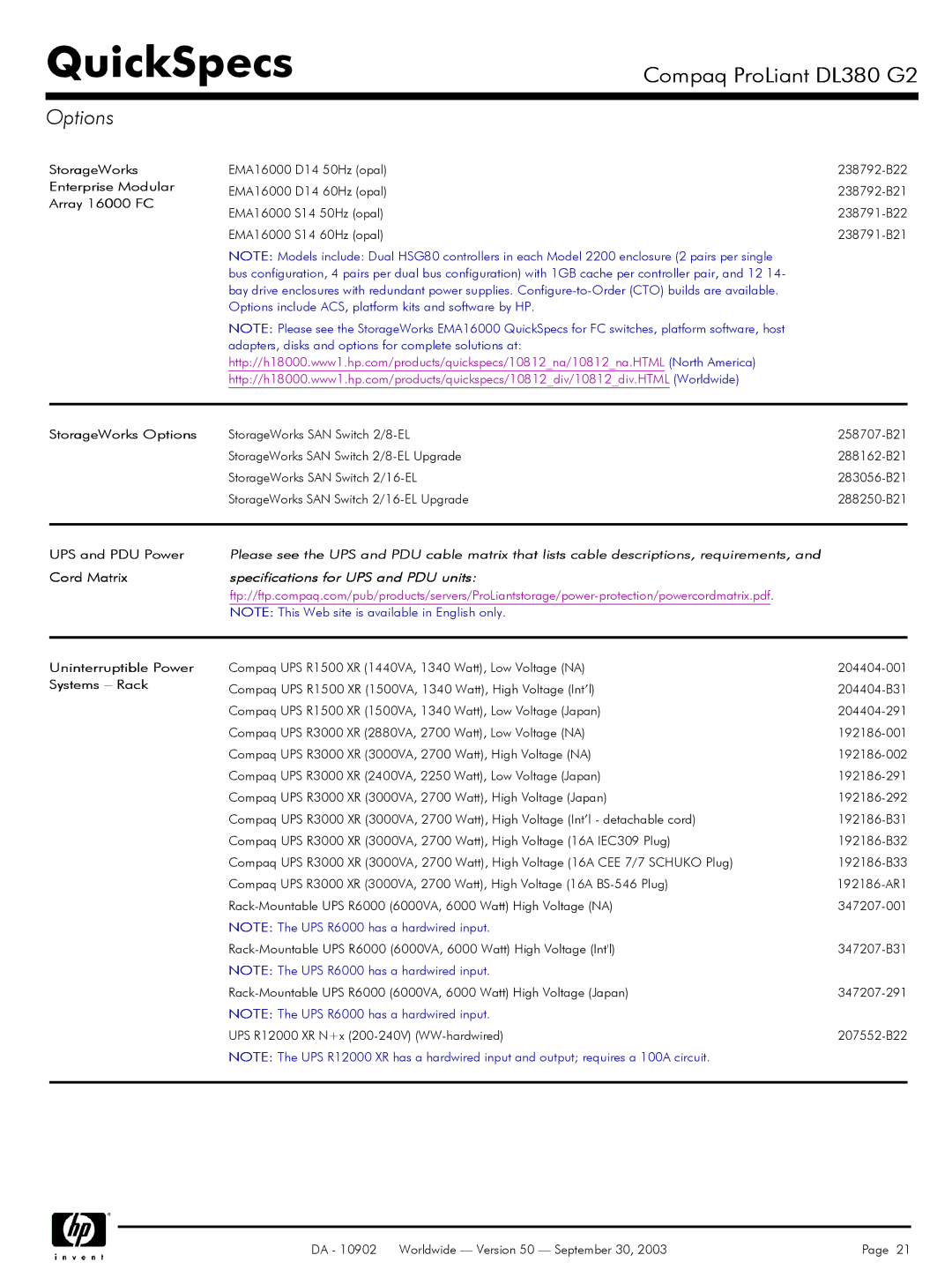 Compaq DL380 G2 warranty Specifications for UPS and PDU units 