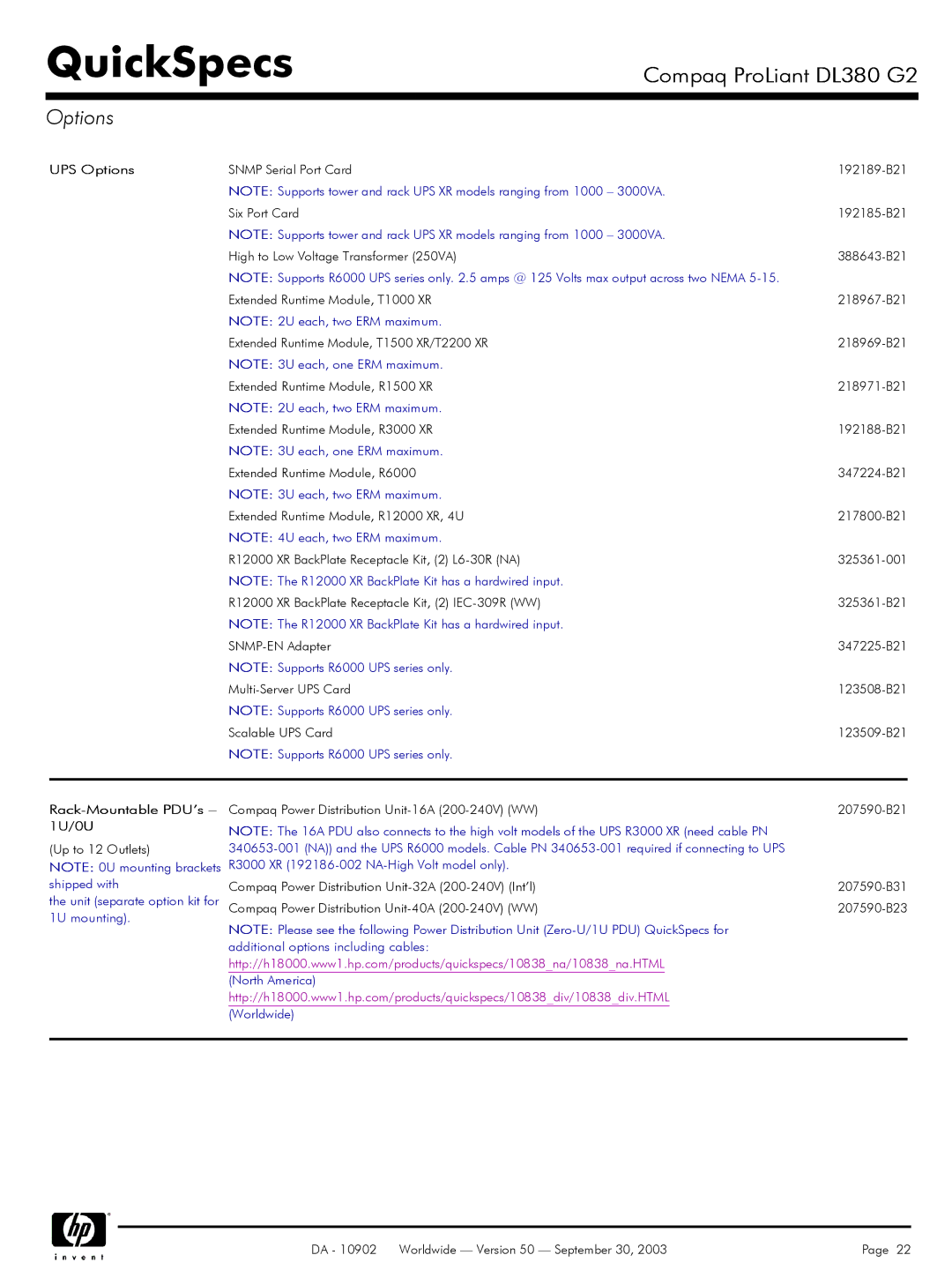 Compaq DL380 G2 warranty UPS Options, Rack-Mountable PDU’s 1U/0U 