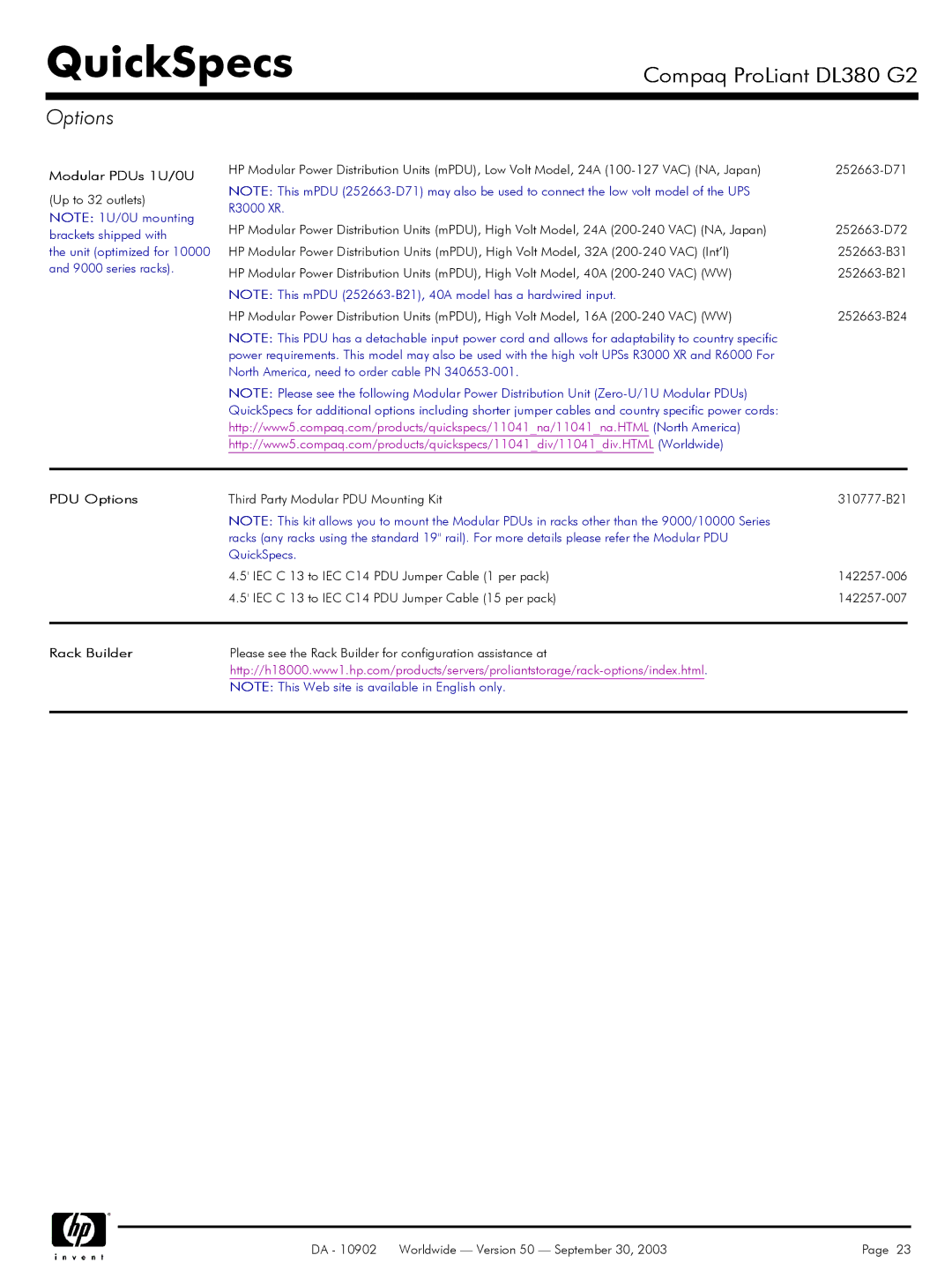 Compaq DL380 G2 warranty Modular PDUs 1U/0U, PDU Options, Rack Builder 
