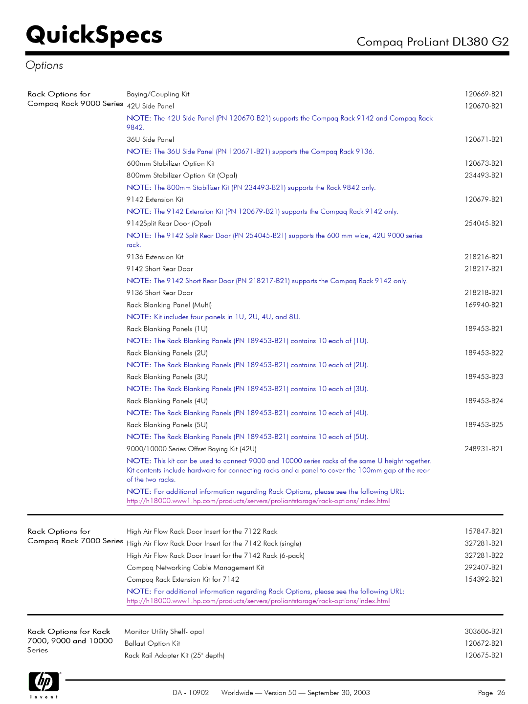 Compaq DL380 G2 warranty Rack Options for Compaq Rack 9000 Series, Rack Options for Compaq Rack 7000 Series 