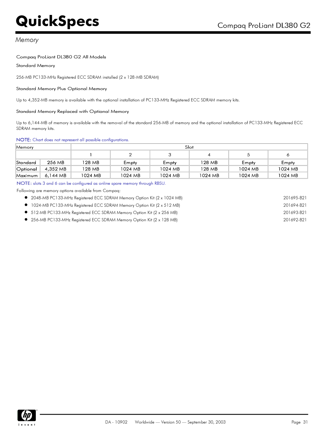 Compaq DL380 G2 warranty Memory 