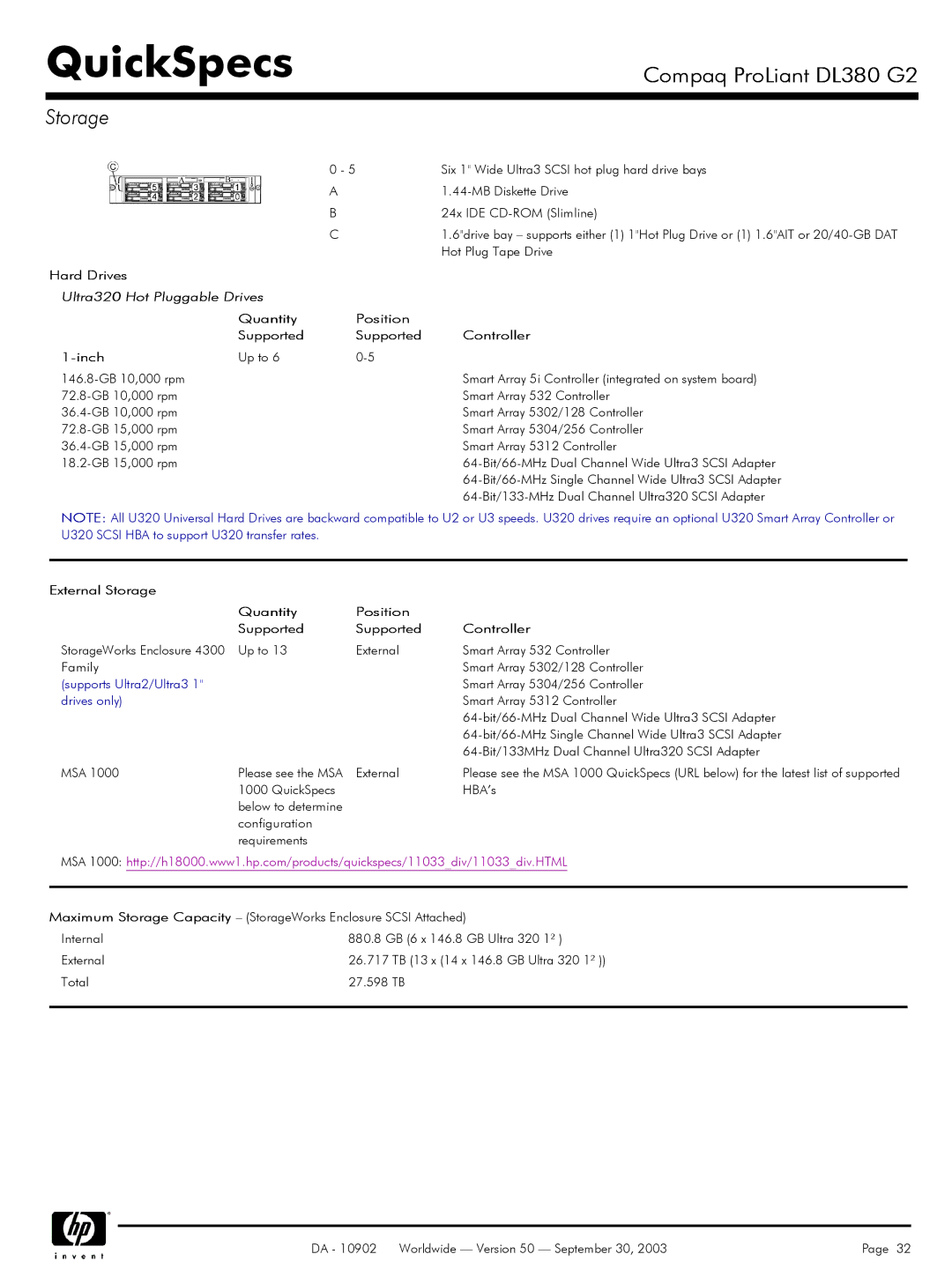 Compaq DL380 G2 warranty Storage, Ultra320 Hot Pluggable Drives, Quantity Position Supported Controller Inch 