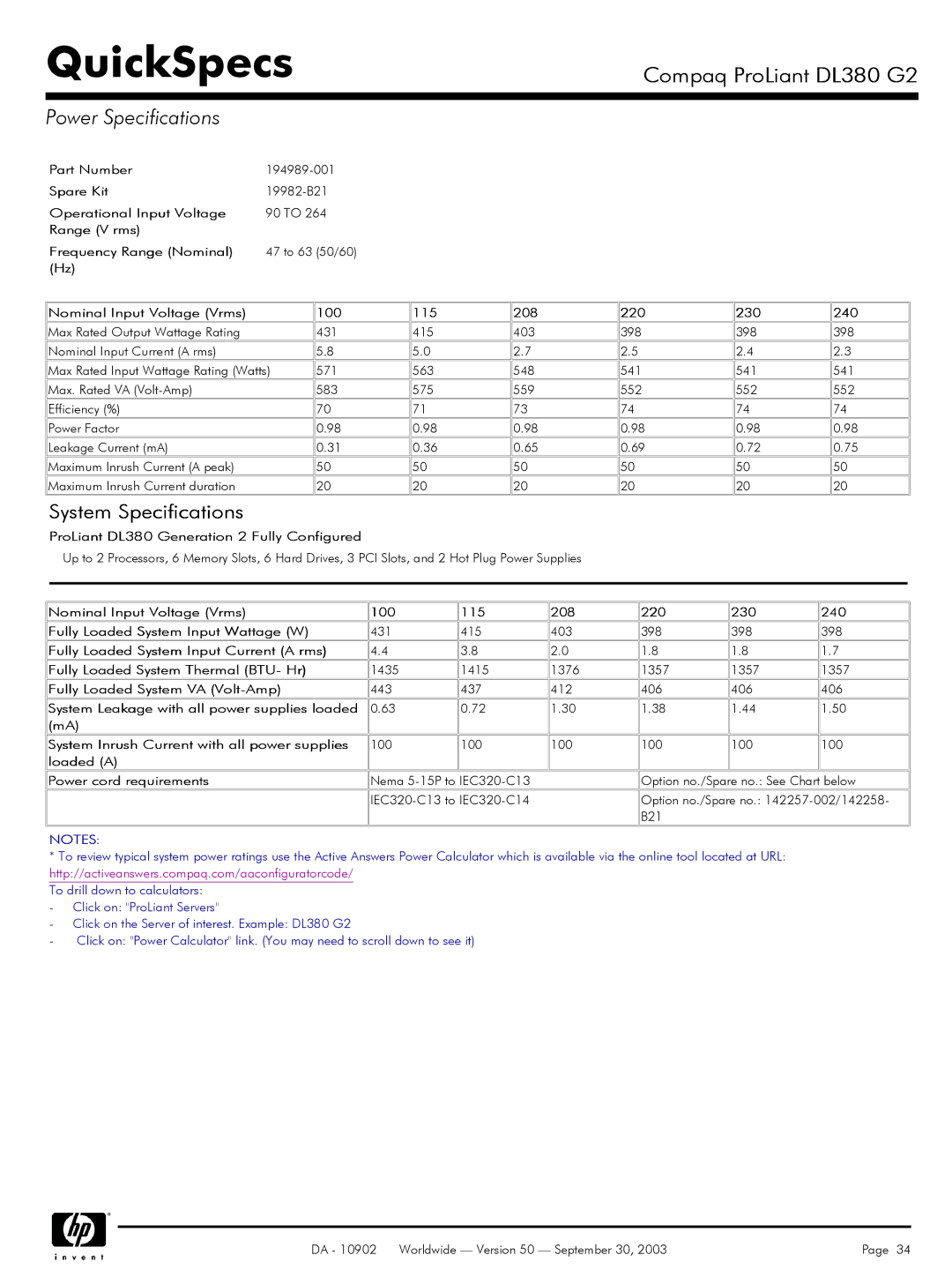 Compaq DL380 G2 Power Specifications, Nominal Input Voltage Vrms 100 115 208 220 230 240, Fully Loaded System VA Volt-Amp 