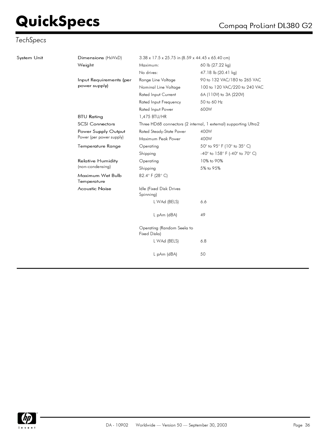 Compaq DL380 G2 warranty TechSpecs 