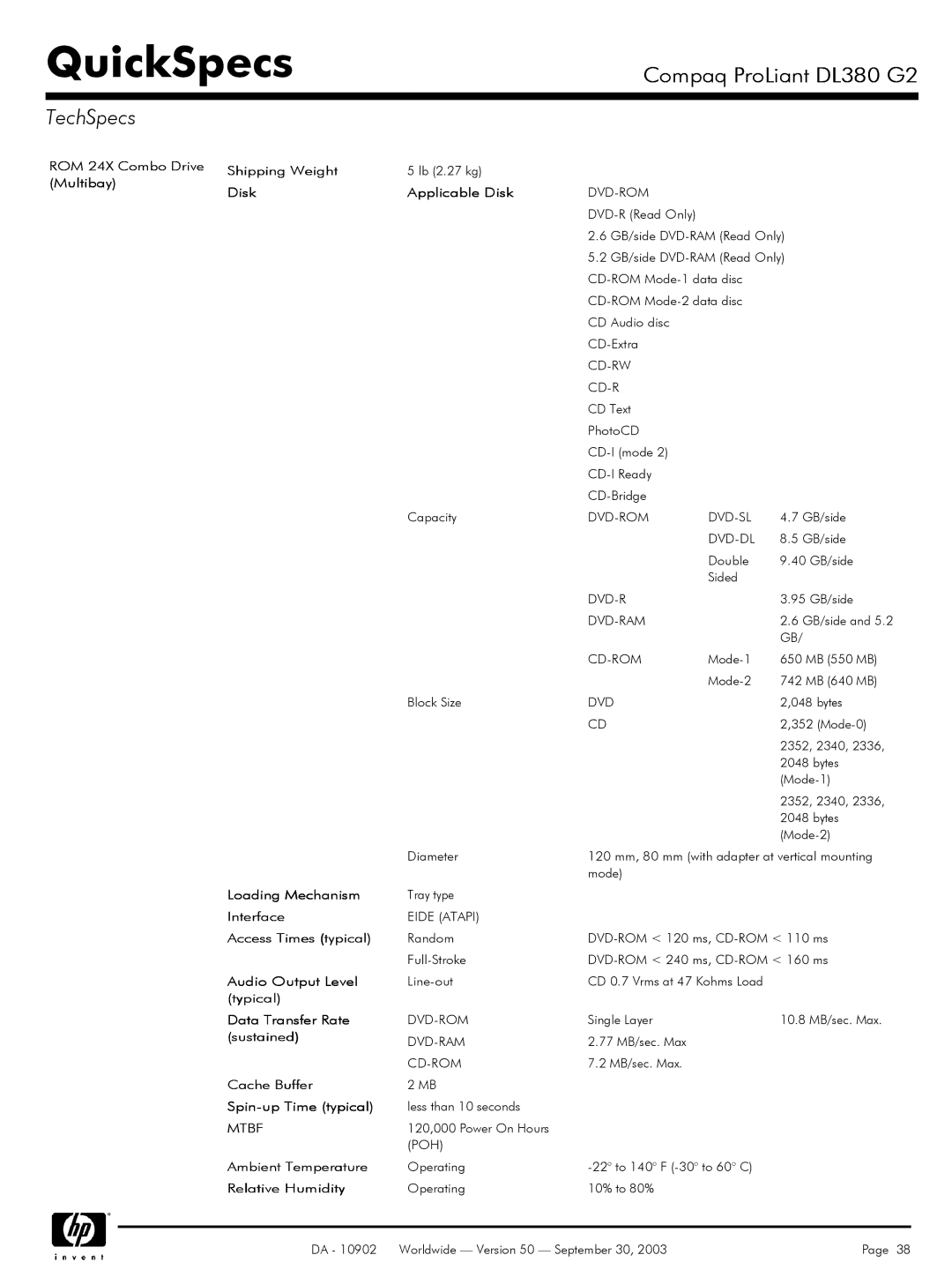 Compaq DL380 G2 ROM 24X Combo Drive Multibay Shipping Weight, Disk Applicable Disk, Loading Mechanism, Audio Output Level 