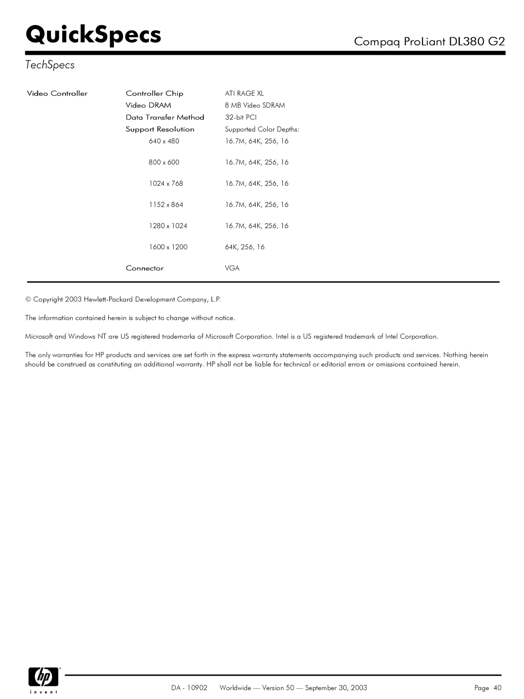 Compaq DL380 G2 warranty Video Controller Controller Chip, Video Dram, Data Transfer Method, Support Resolution 