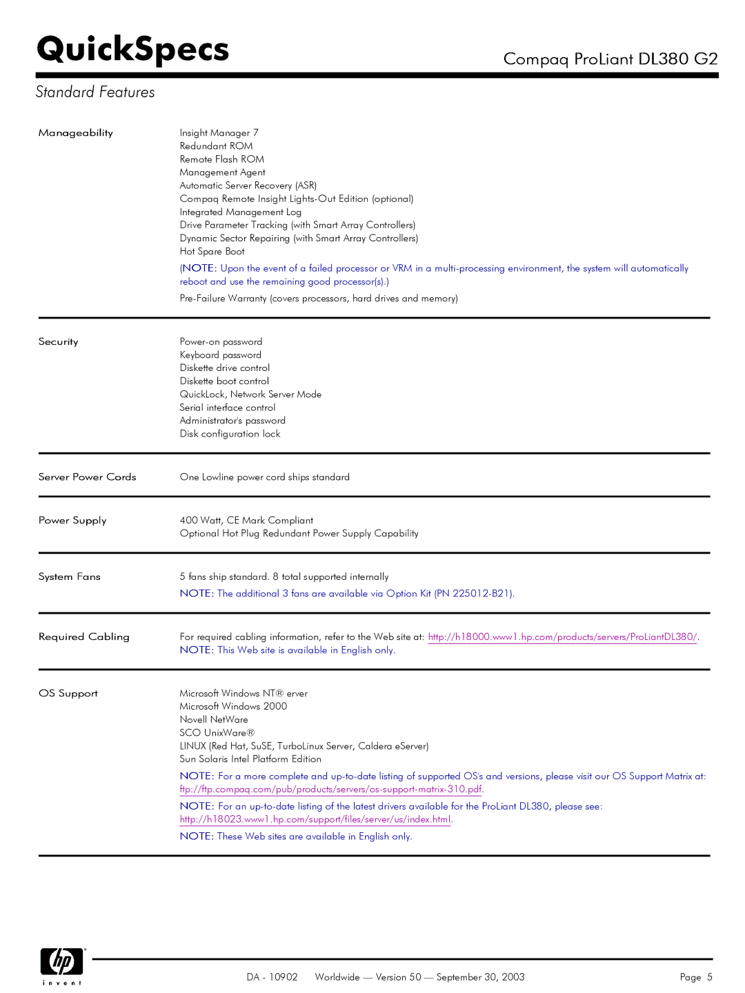 Compaq DL380 G2 Manageability, Security, Server Power Cords, Power Supply, System Fans, Required Cabling OS Support 