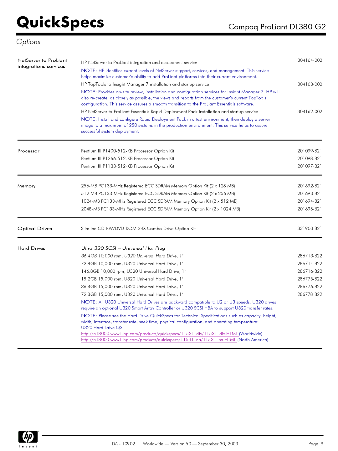 Compaq DL380 G2 warranty NetServer to ProLiant integrations services, Optical Drives, Ultra 320 Scsi Universal Hot Plug 