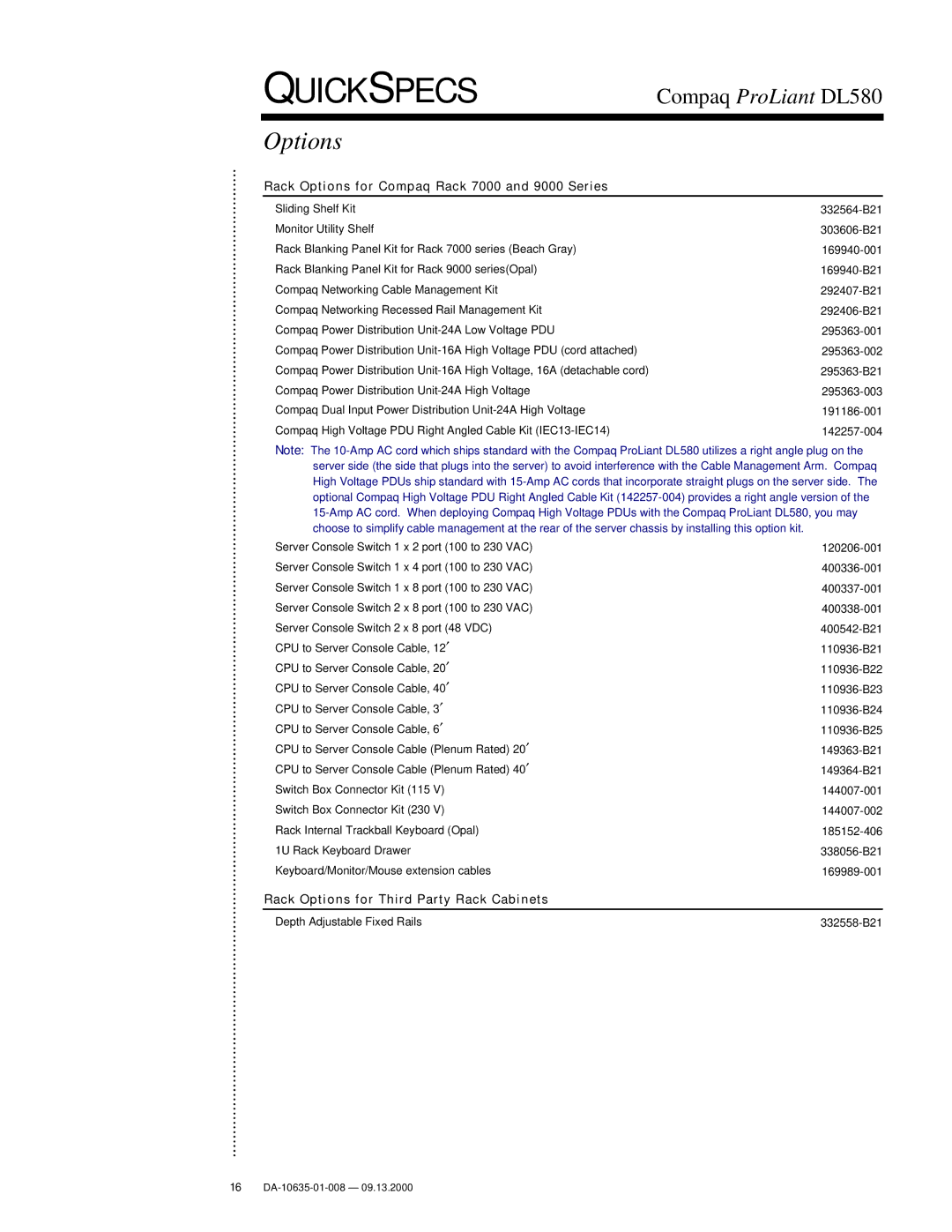 Compaq DL580 warranty Rack Options for Compaq Rack 7000 and 9000 Series, Rack Options for Third Party Rack Cabinets 