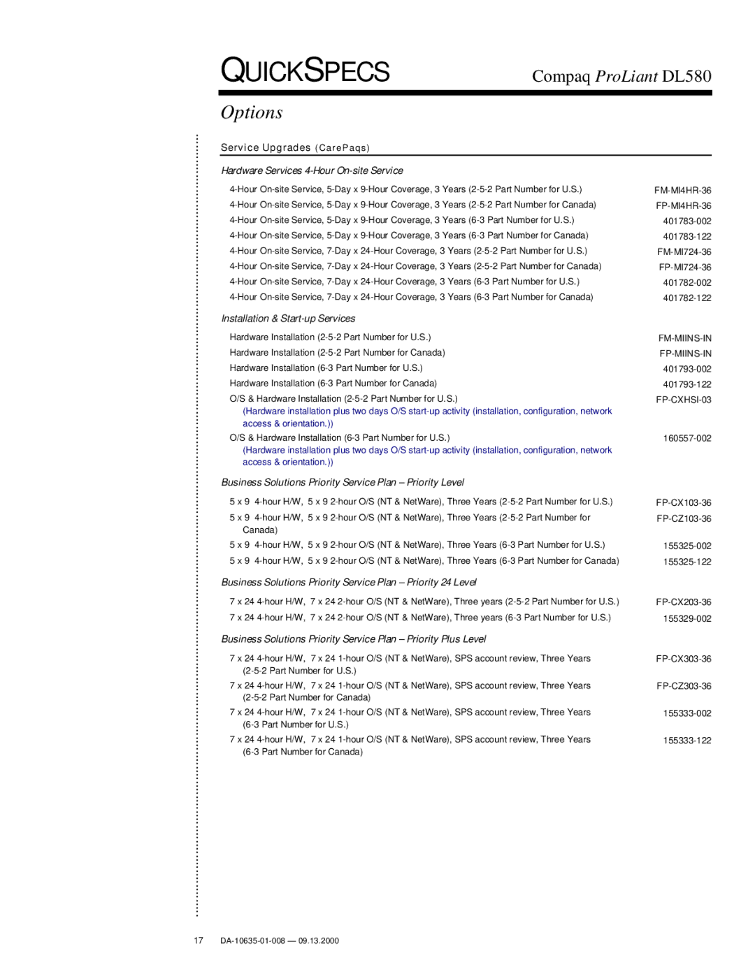 Compaq DL580 warranty Service Upgrades CarePaqs, Hardware Services 4-Hour On-site Service 