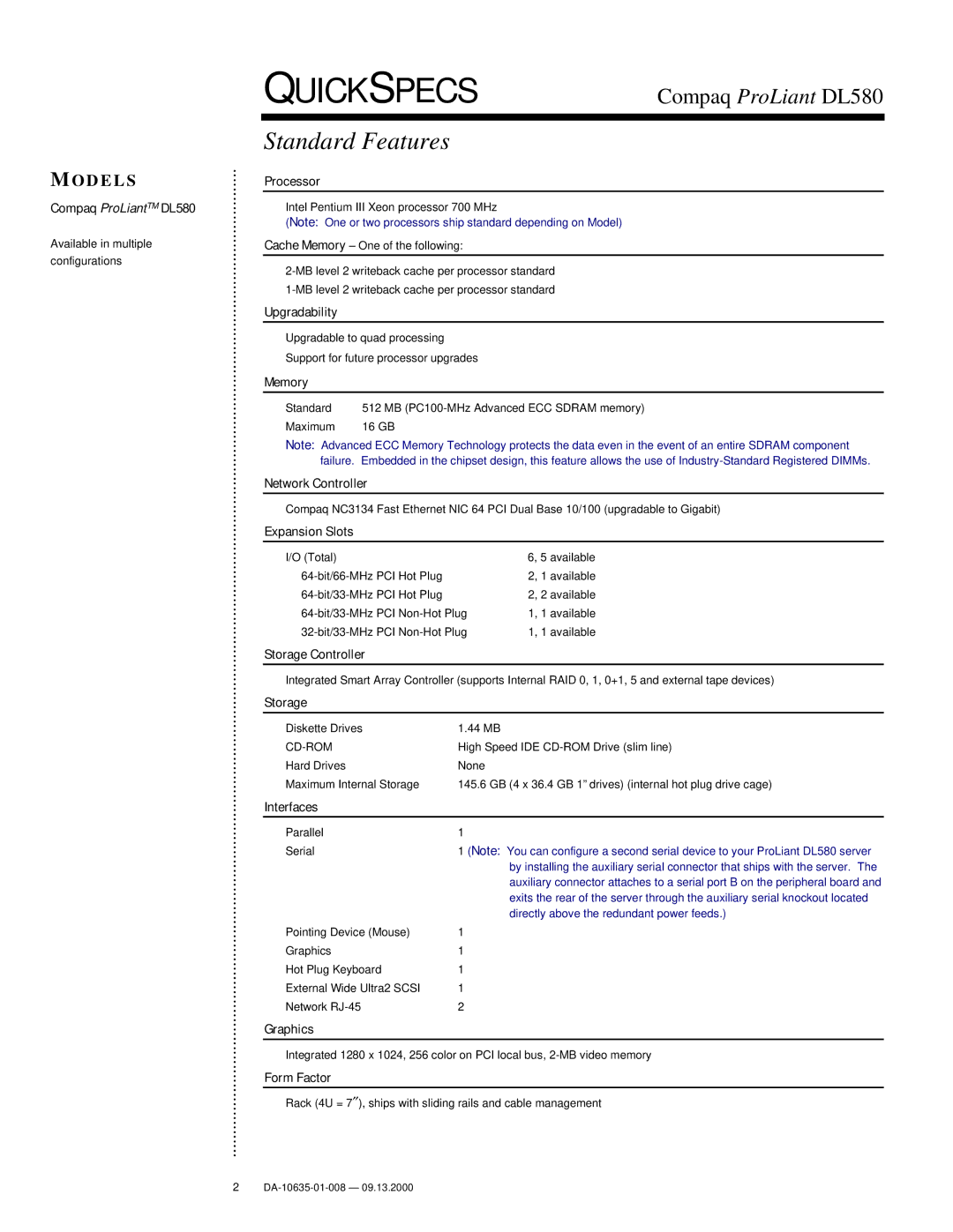 Compaq DL580 warranty Standard Features 