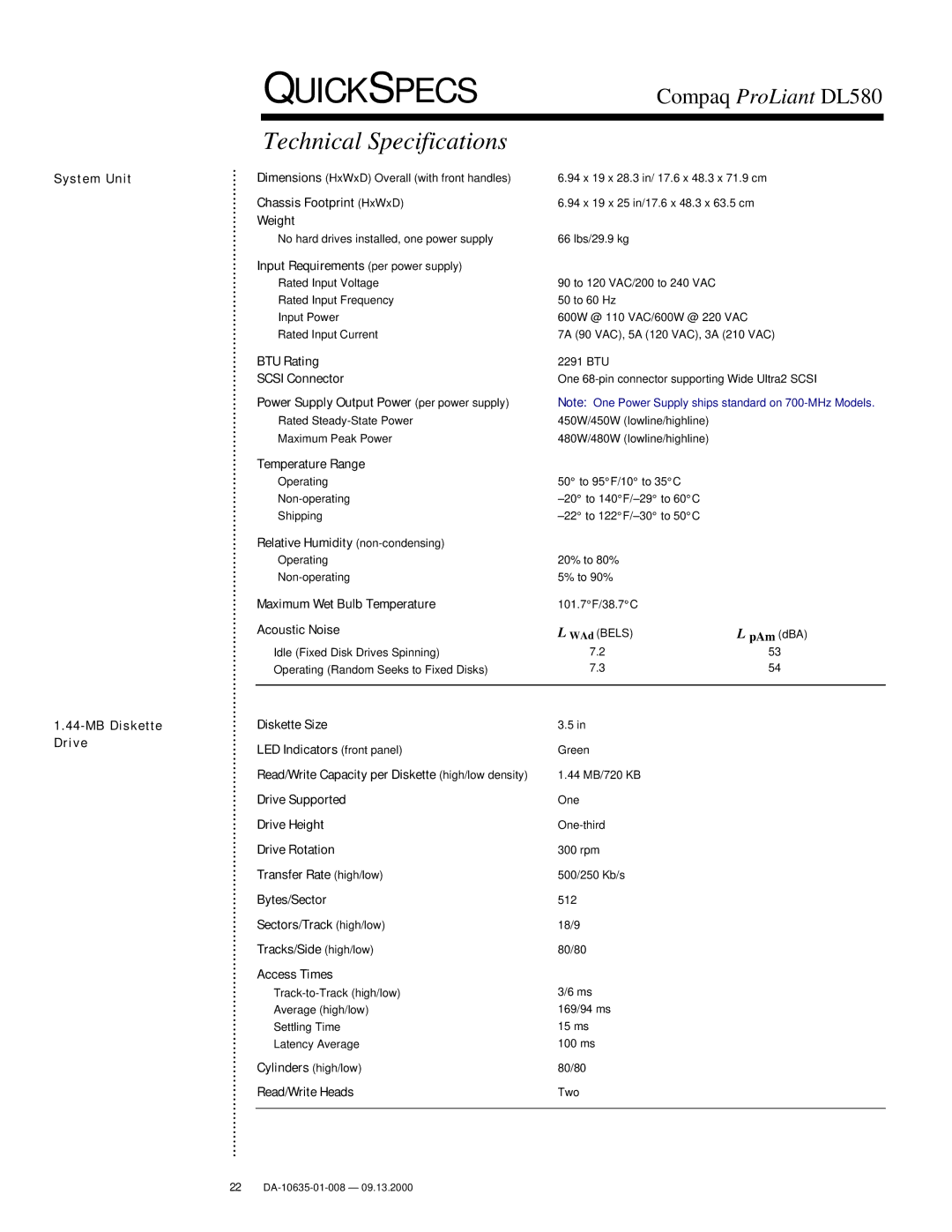 Compaq DL580 warranty Technical Specifications, System Unit MB Diskette Drive 