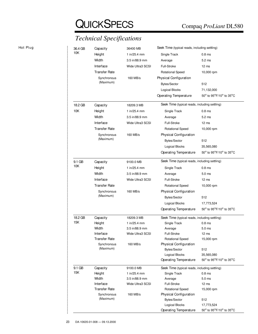 Compaq DL580 warranty Technical Specifications 