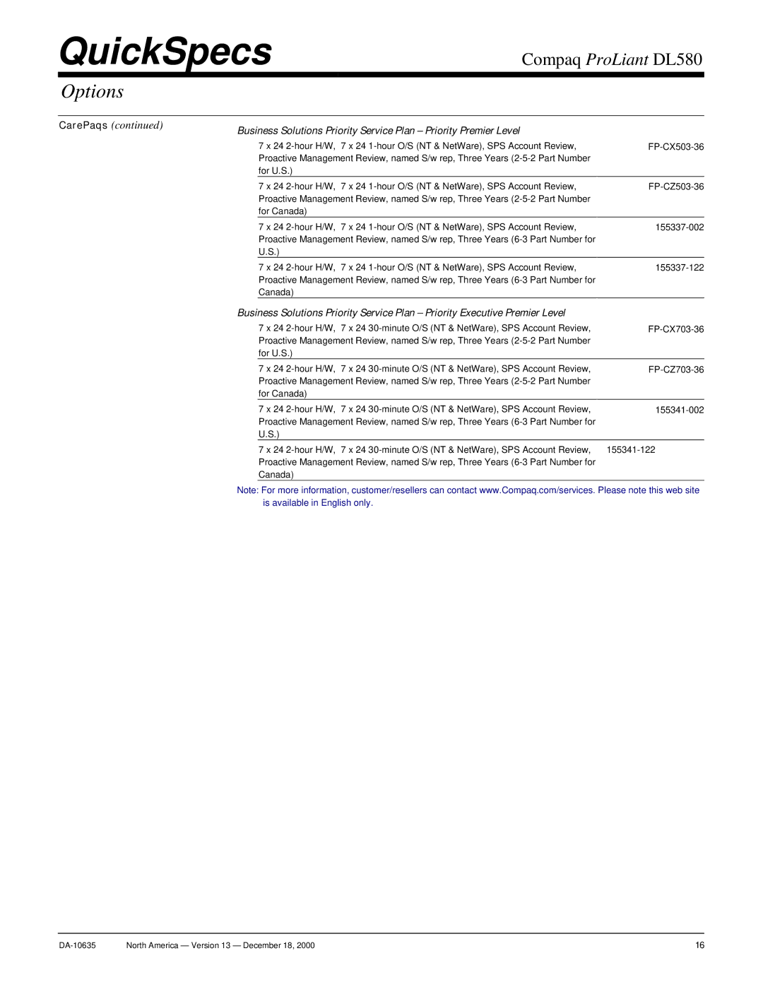 Compaq DL580 warranty QuickSpecs 