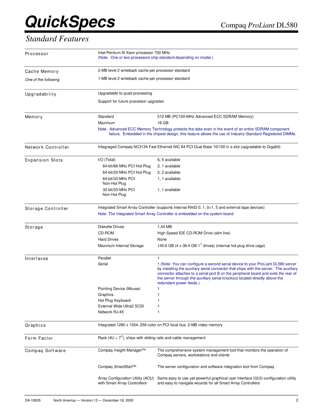 Compaq DL580 warranty Standard Features 