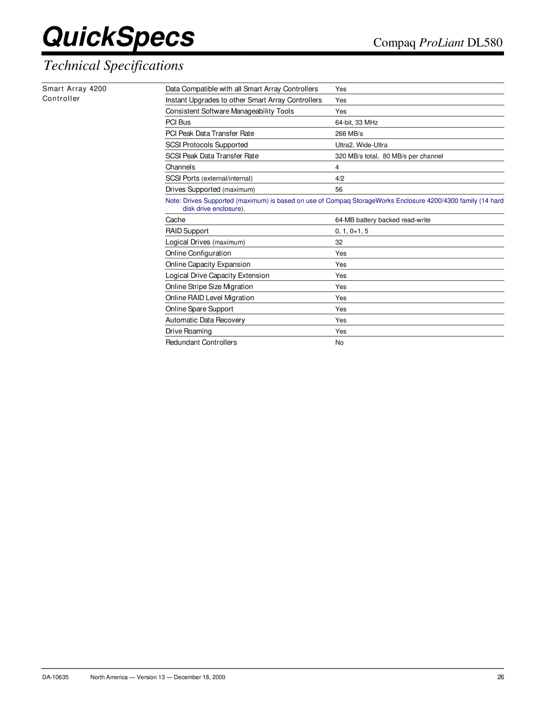 Compaq DL580 warranty QuickSpecs 