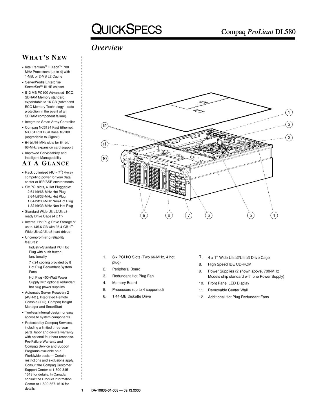 Compaq warranty QuickSpecs, Overview, Compaq ProLiant DL580, Whats New, At A Glance 