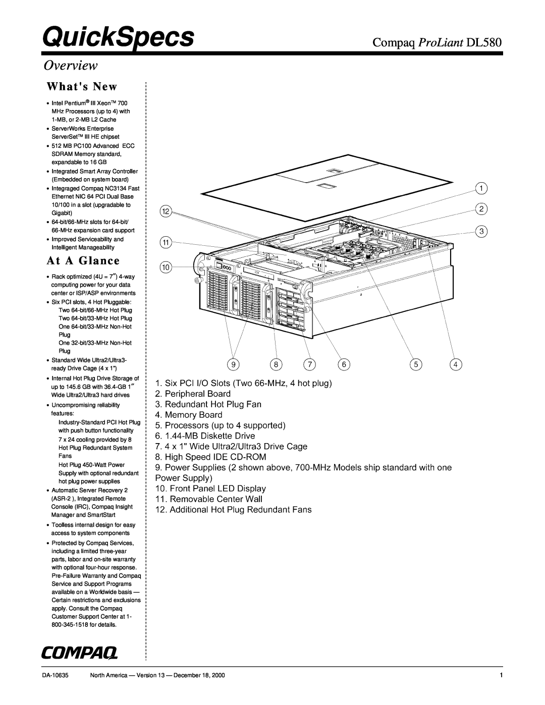 Compaq warranty Quickspecs, Overview, Compaq ProLiant DL580, Wha T’S New, At A Glance 
