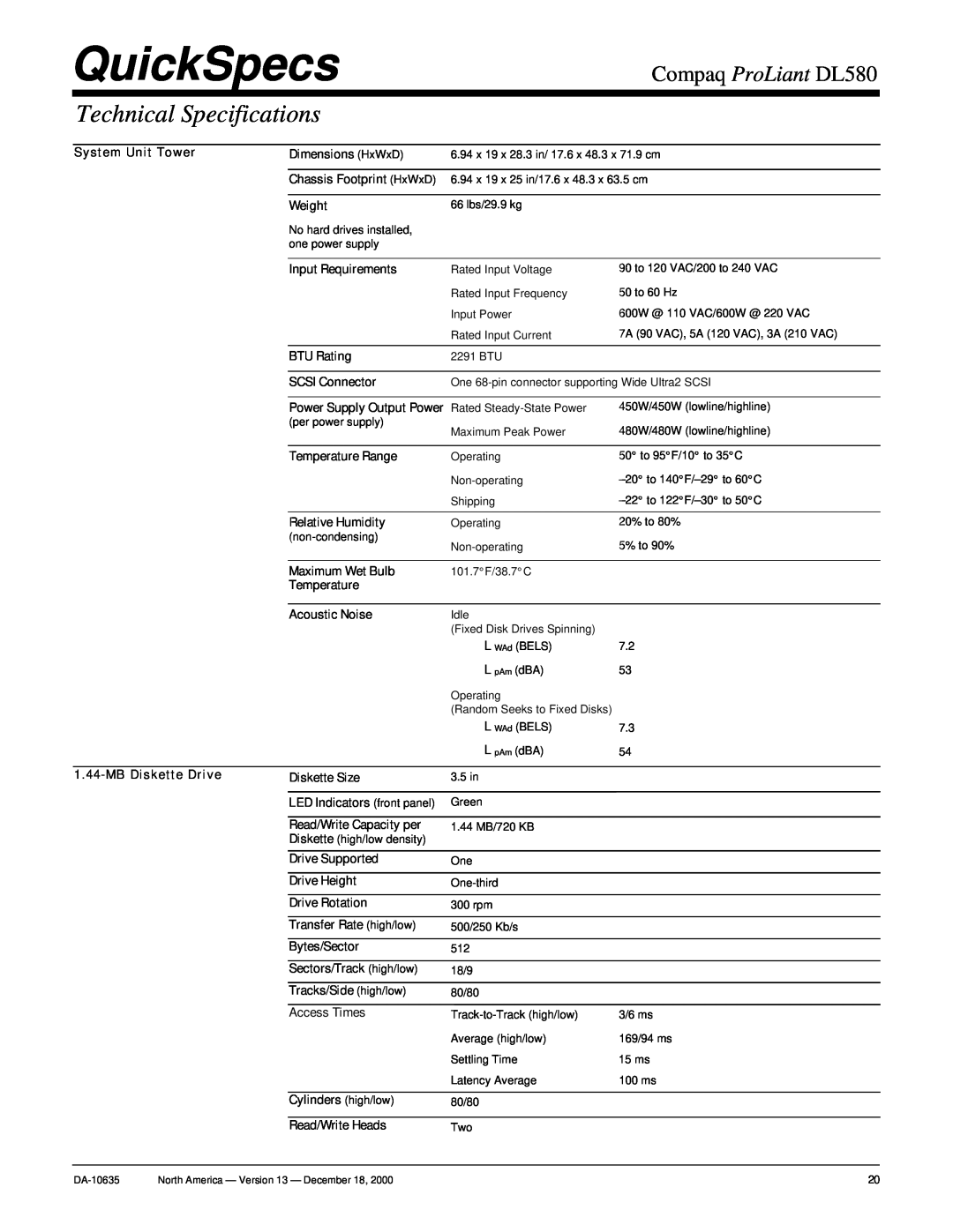Compaq warranty Technical Specifications, QuickSpecs, Compaq ProLiant DL580 