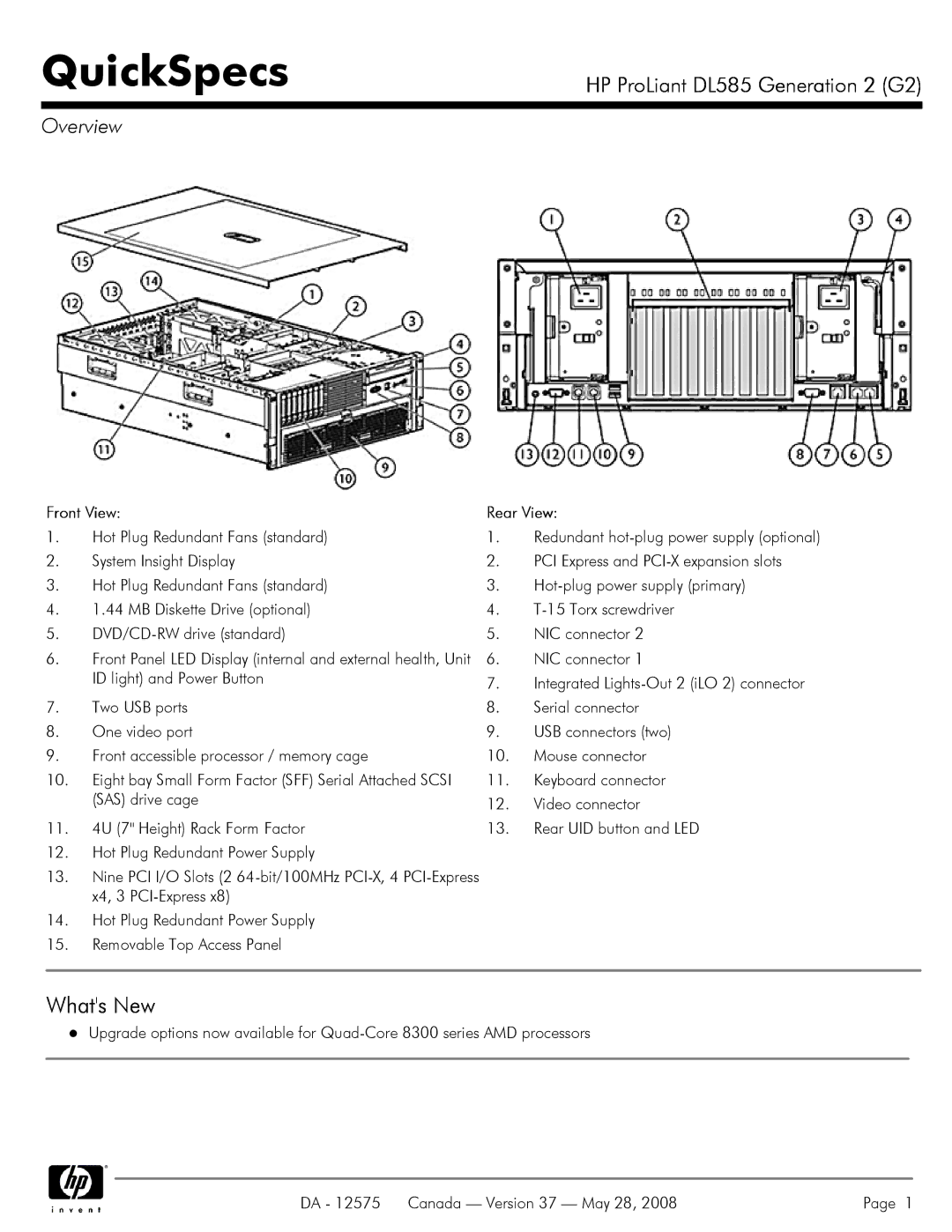 Compaq DL585 G2 manual Whats New, Overview, Front View Rear View 