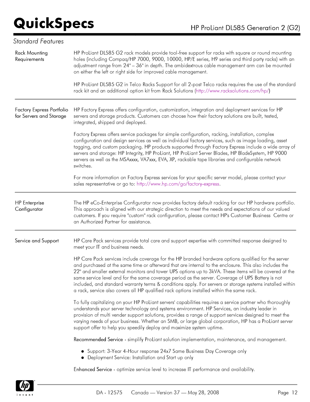 Compaq DL585 G2 manual Rack Mounting, Requirements, HP Enterprise, Configurator, Service and Support 