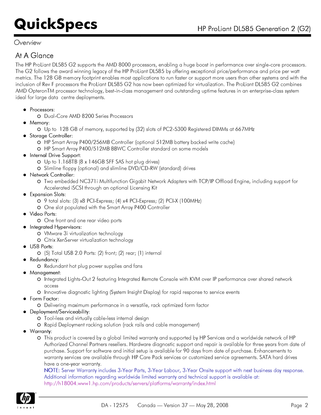 Compaq DL585 G2 manual At a Glance, Processors, Expansion Slots, Video Ports, Integrated Hypervisors 