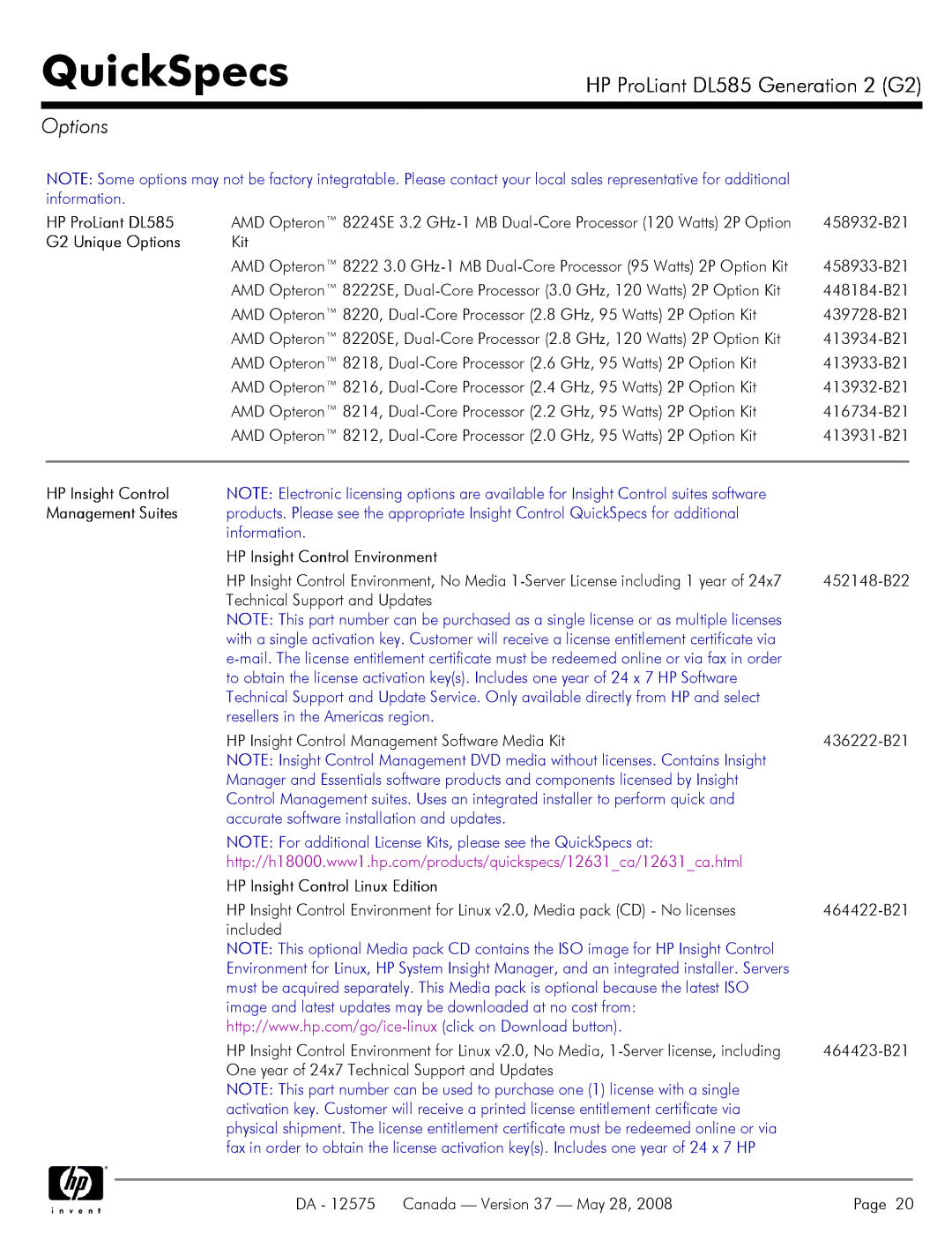 Compaq DL585 G2 manual Options 