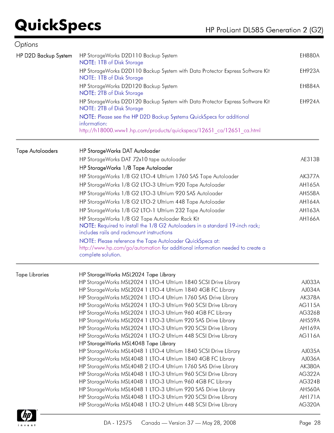 Compaq DL585 G2 manual HP D2D Backup System, Tape Autoloaders, HP StorageWorks 1/8 Tape Autoloader 