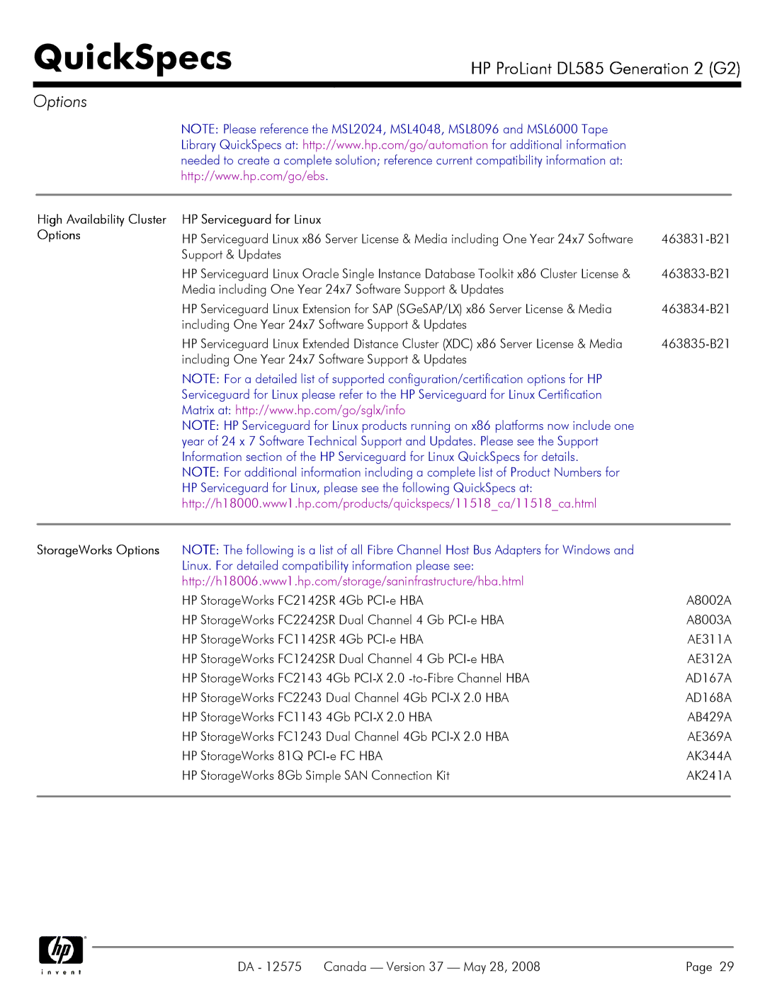 Compaq DL585 G2 manual HP Serviceguard for Linux Options, StorageWorks Options 