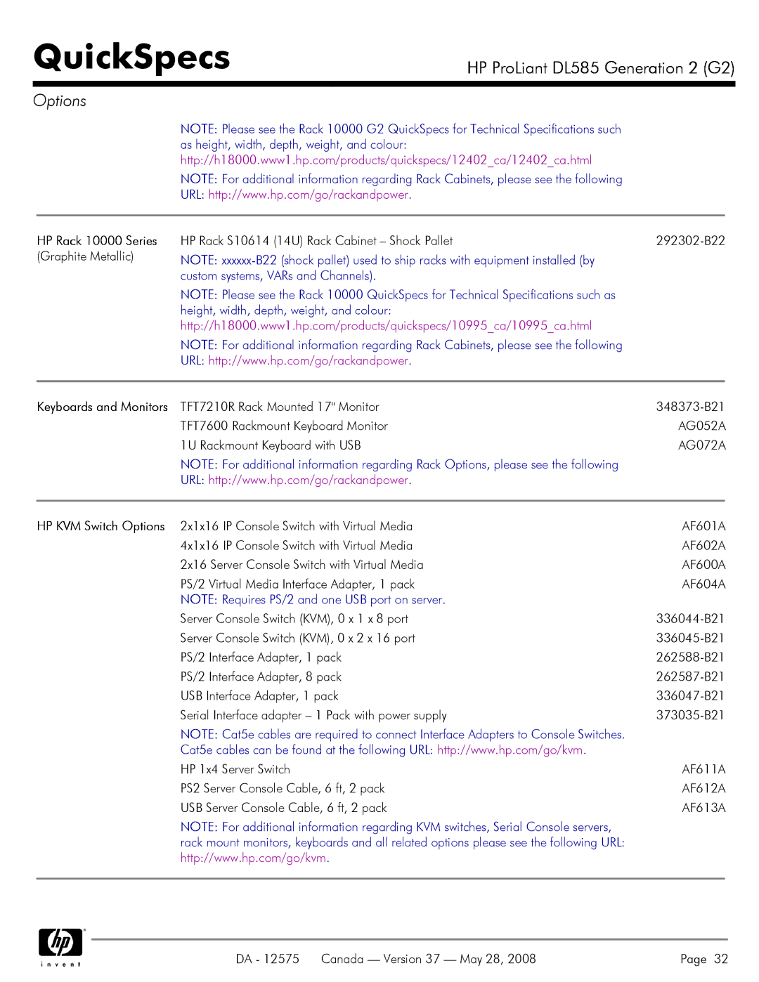 Compaq DL585 G2 manual Options, HP Rack 10000 Series 