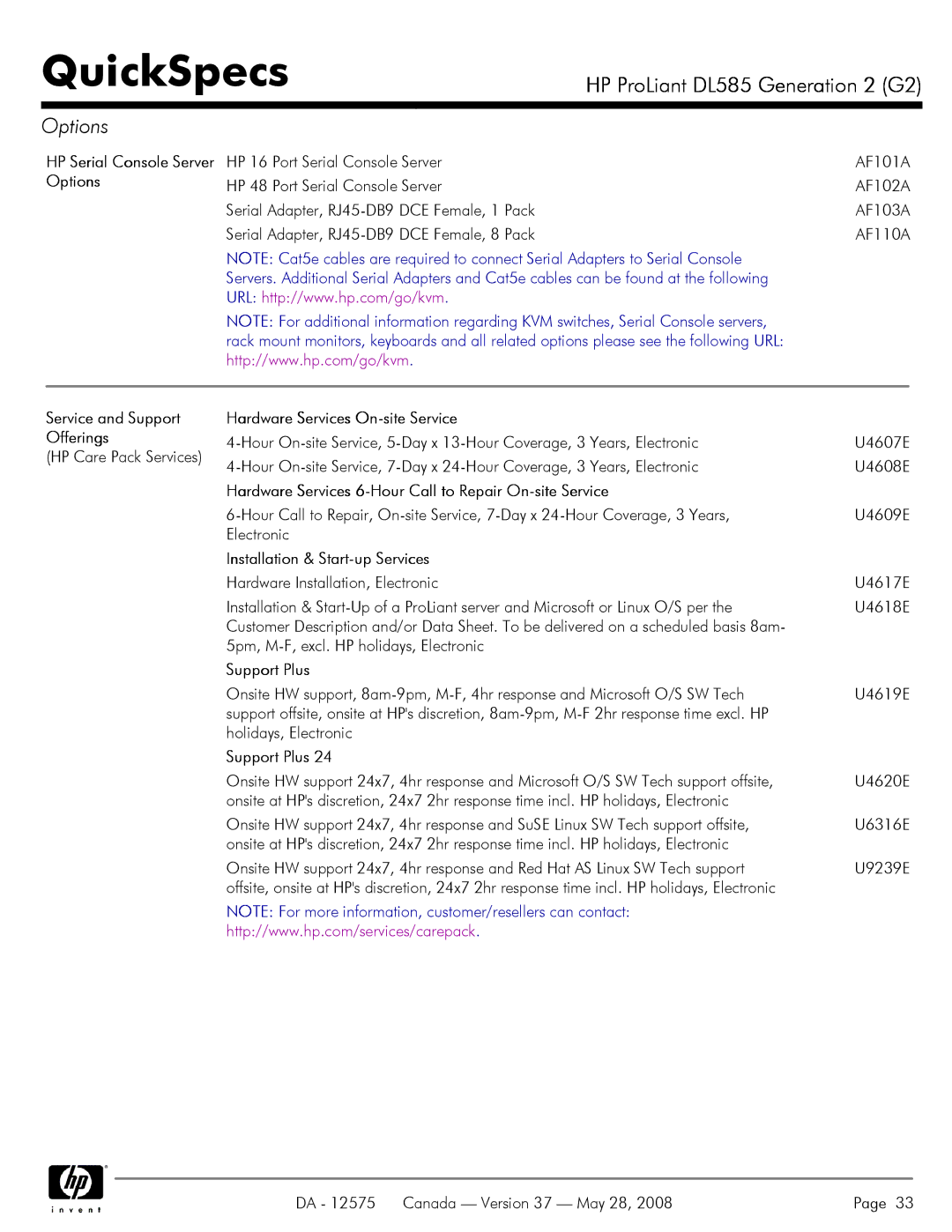 Compaq DL585 G2 manual Service and Support Offerings, Hardware Services On-site Service, Installation & Start-up Services 