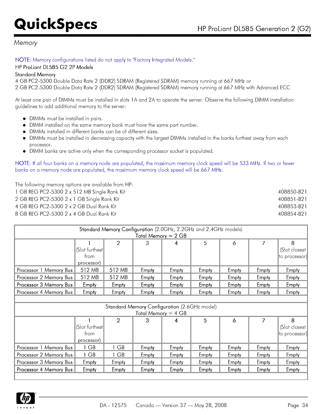 Compaq manual HP ProLiant DL585 G2 2P Models Standard Memory, From, 512 MB 