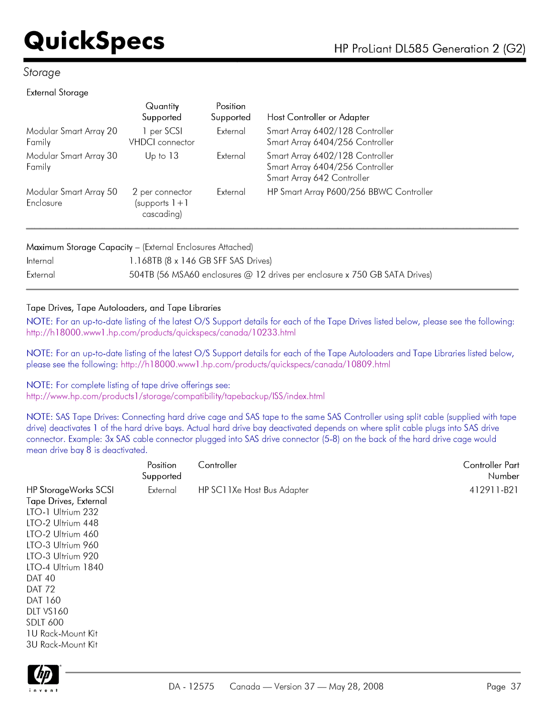 Compaq DL585 G2 External Storage, Host Controller or Adapter, Tape Drives, Tape Autoloaders, and Tape Libraries, Number 